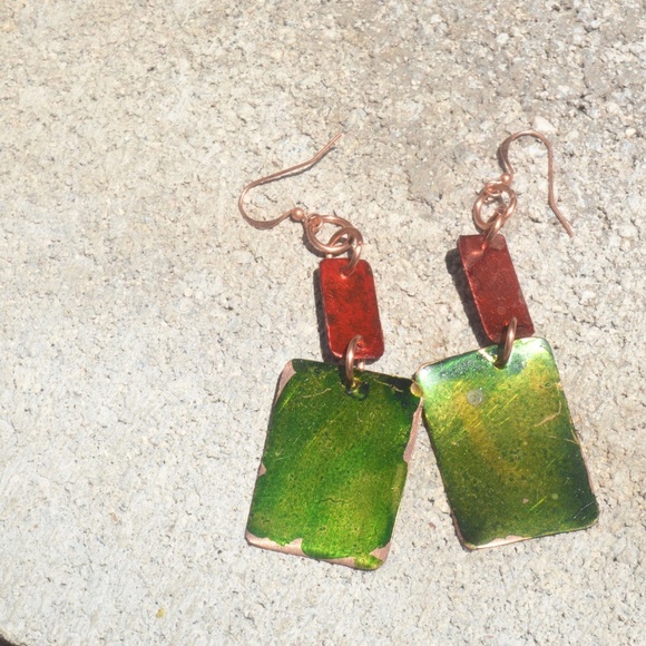 Green Red Geometric Pure Copper Handmade Earrings Abstract Hand Painted Drop - Picture 2 of 8